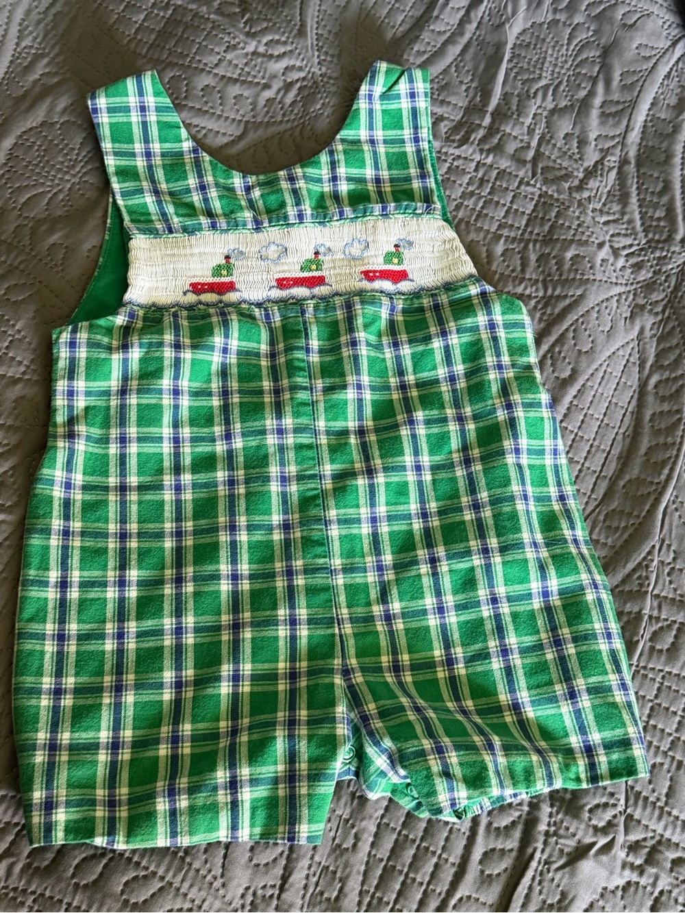 Green Plaid Smocked Toddler Romper with Boat Embroidery